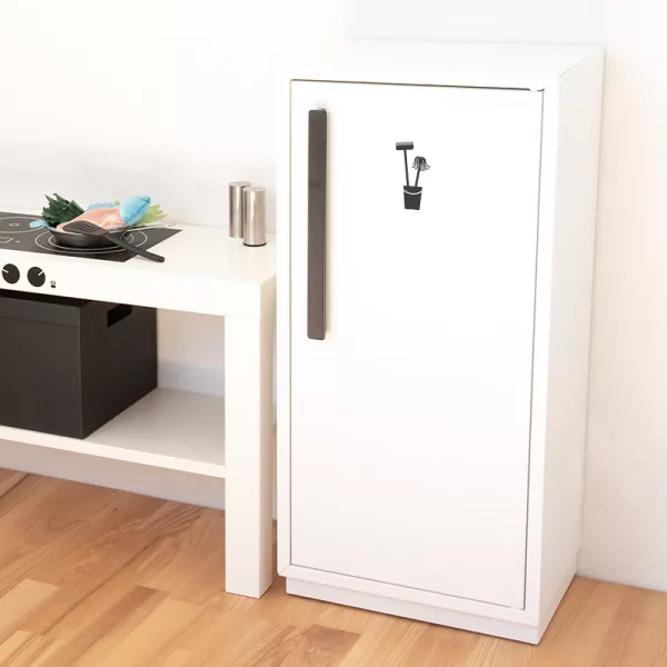 A small cleaning cupboard with a sign on the door