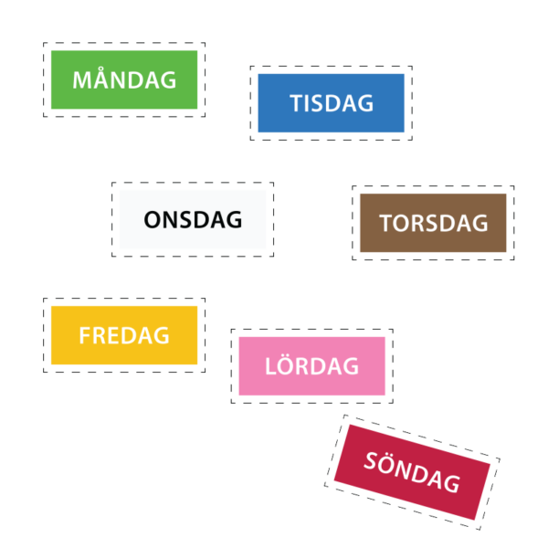 Veckodagar, på svenska, färgkodade enligt TEACCH.