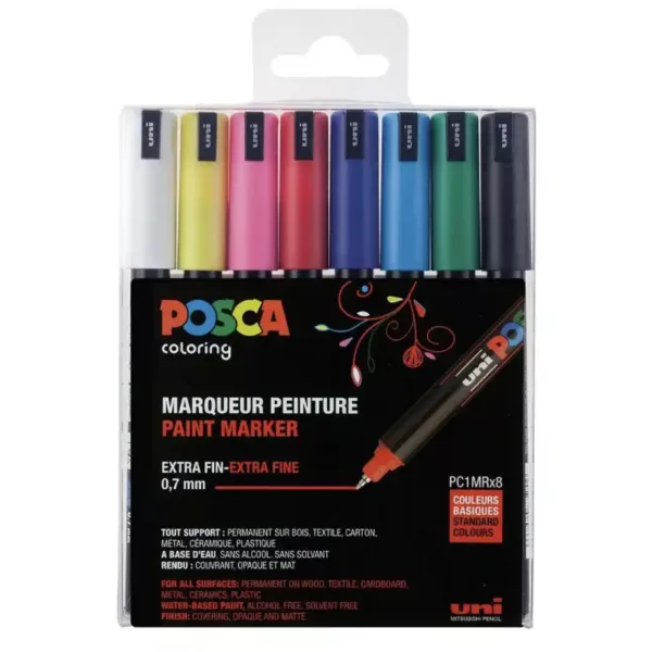 Set med 8 Posca-pennor i standardfärger. Modell PC-1MR.